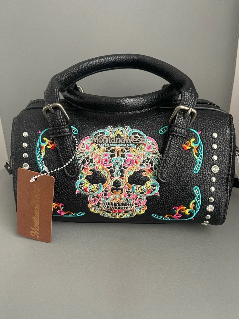Montana West Black Barrel Satchel Sugar Skull Purse